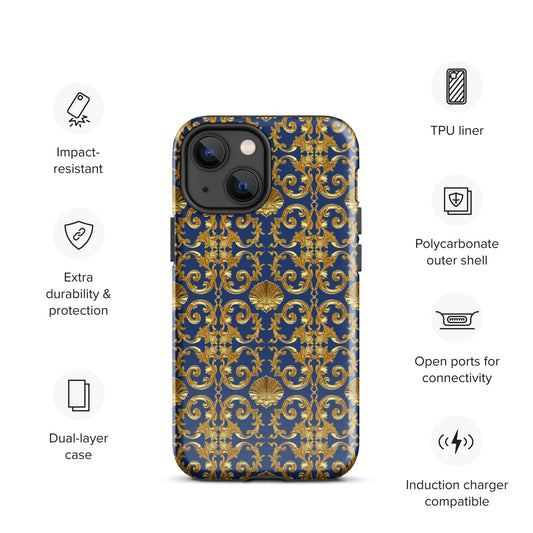 Gold Motif & Royal Sapphire Blue Tough Case for iPhone® | Bach Baroque Harmony Collection