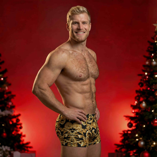 Baroque Black with Gold Shell & Acanthus Leaf Motif Men's Boxer Briefs | Bach Baroque Harmony Collection