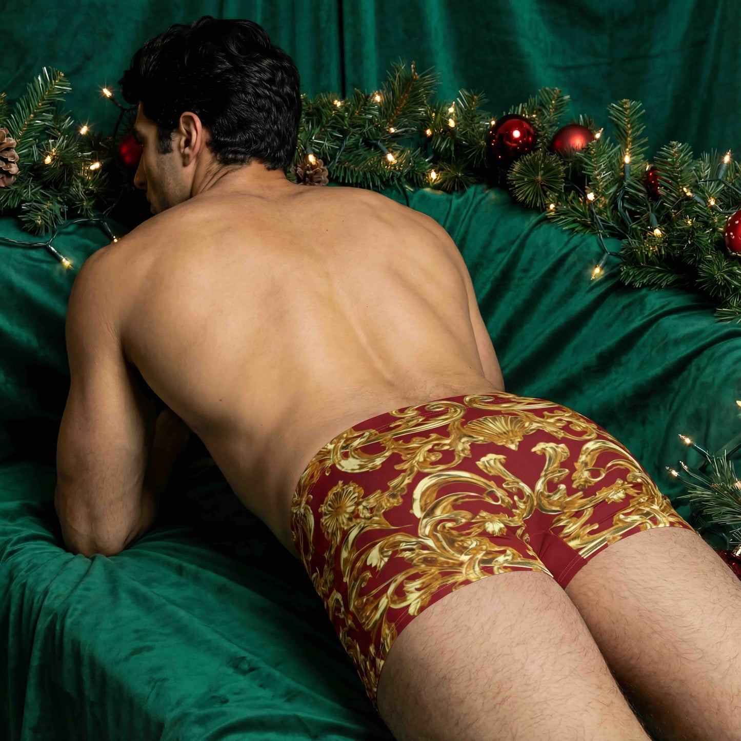 Imperial Crimson with Gold Shell & Acanthus Leaf Motif Men's Boxer Briefs | Bach Baroque Harmony Collection