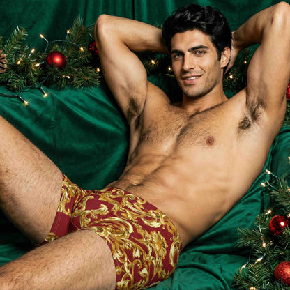 Imperial Crimson with Gold Shell & Acanthus Leaf Motif Men's Boxer Briefs | Bach Baroque Harmony Collection