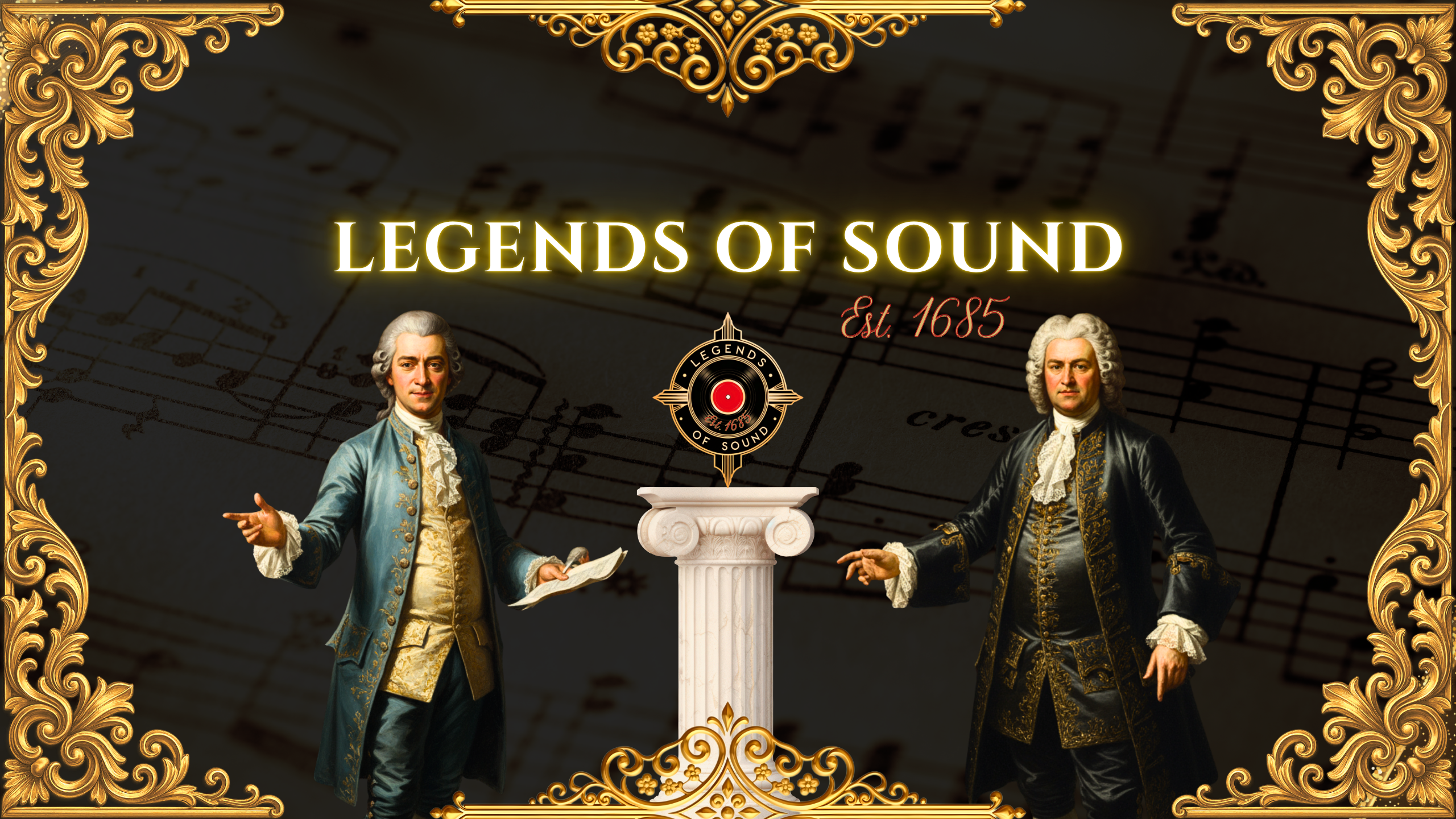 Mozart and Bach with decorative frame and 'Legends of Sound' text on a musical sheet background.