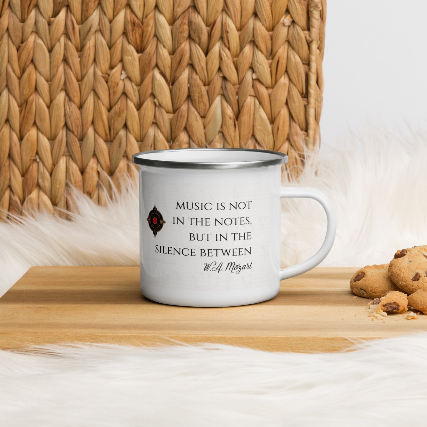 MOZART Museum Framed Portrait & Quote 12oz Enamel Mug | Classical Composer Quotes
