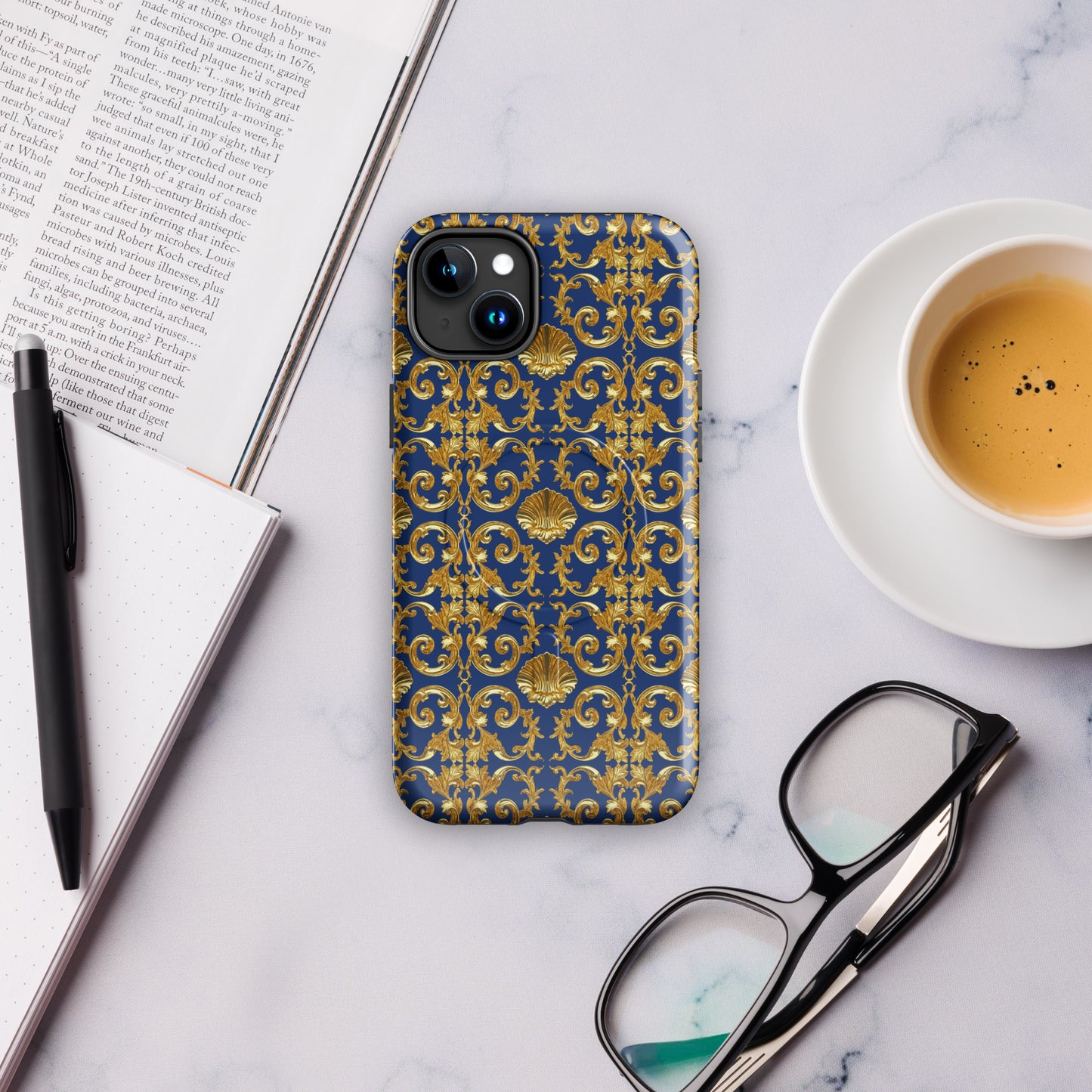 Gold Motif & Royal Sapphire Blue MagSafe® tough case for iPhone® | Bach Baroque Harmony Collection