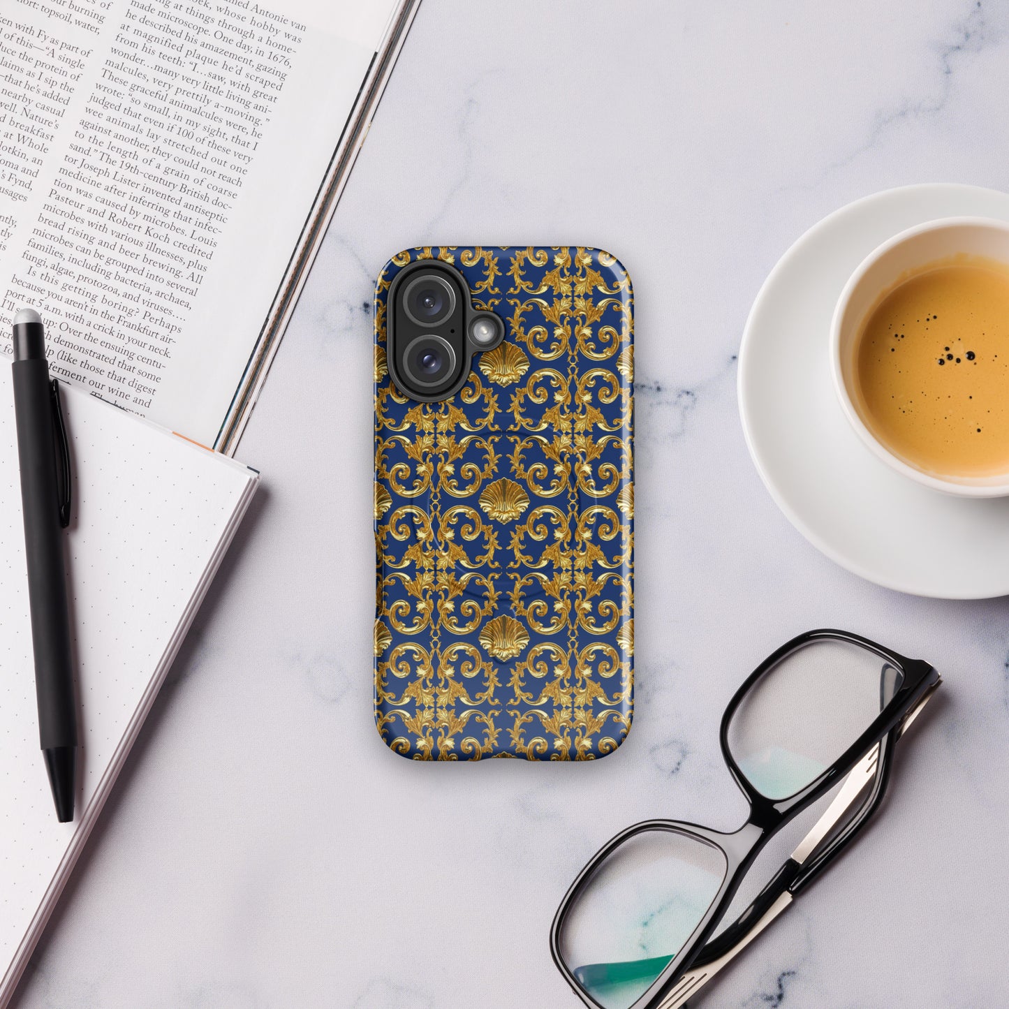 Gold Motif & Royal Sapphire Blue MagSafe® tough case for iPhone® | Bach Baroque Harmony Collection