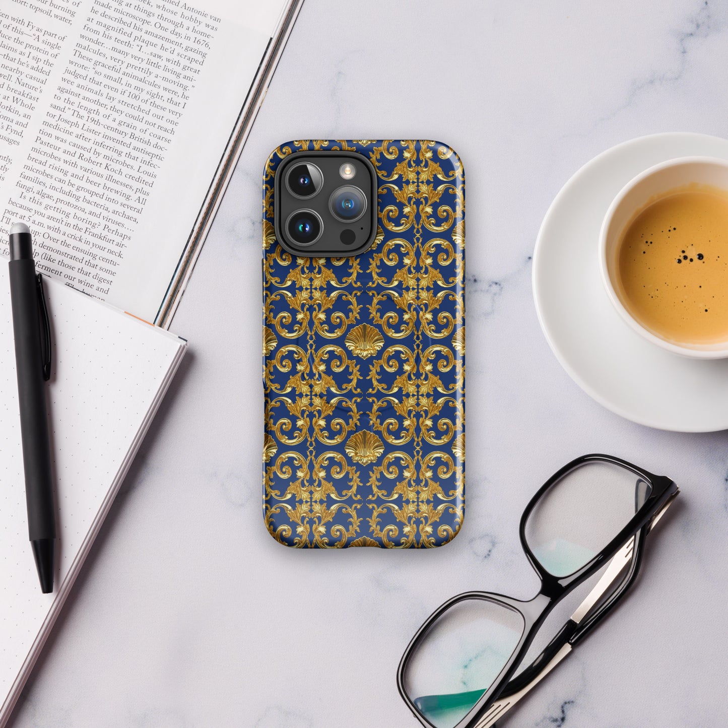 Gold Motif & Royal Sapphire Blue MagSafe® tough case for iPhone® | Bach Baroque Harmony Collection