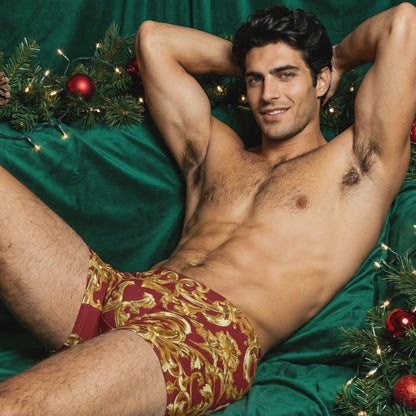 Imperial Crimson with Gold Shell & Acanthus Leaf Motif Men's Boxer Briefs | Bach Baroque Harmony Collection