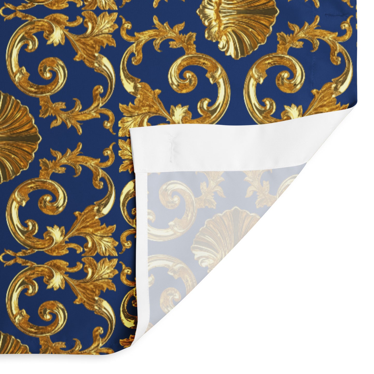 Baroque Gold Shell & Acanthus Leaf Motif on Royal Sapphire Blue Shower curtain | Bach Baroque Harmony Collection