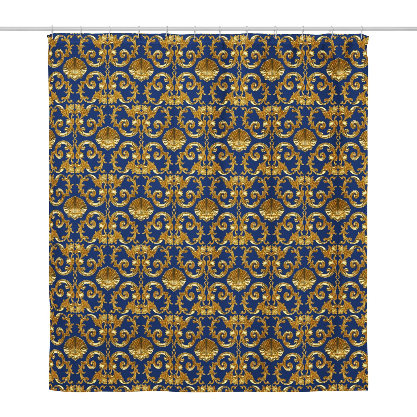 Baroque Gold Shell & Acanthus Leaf Motif on Royal Sapphire Blue Shower curtain | Bach Baroque Harmony Collection