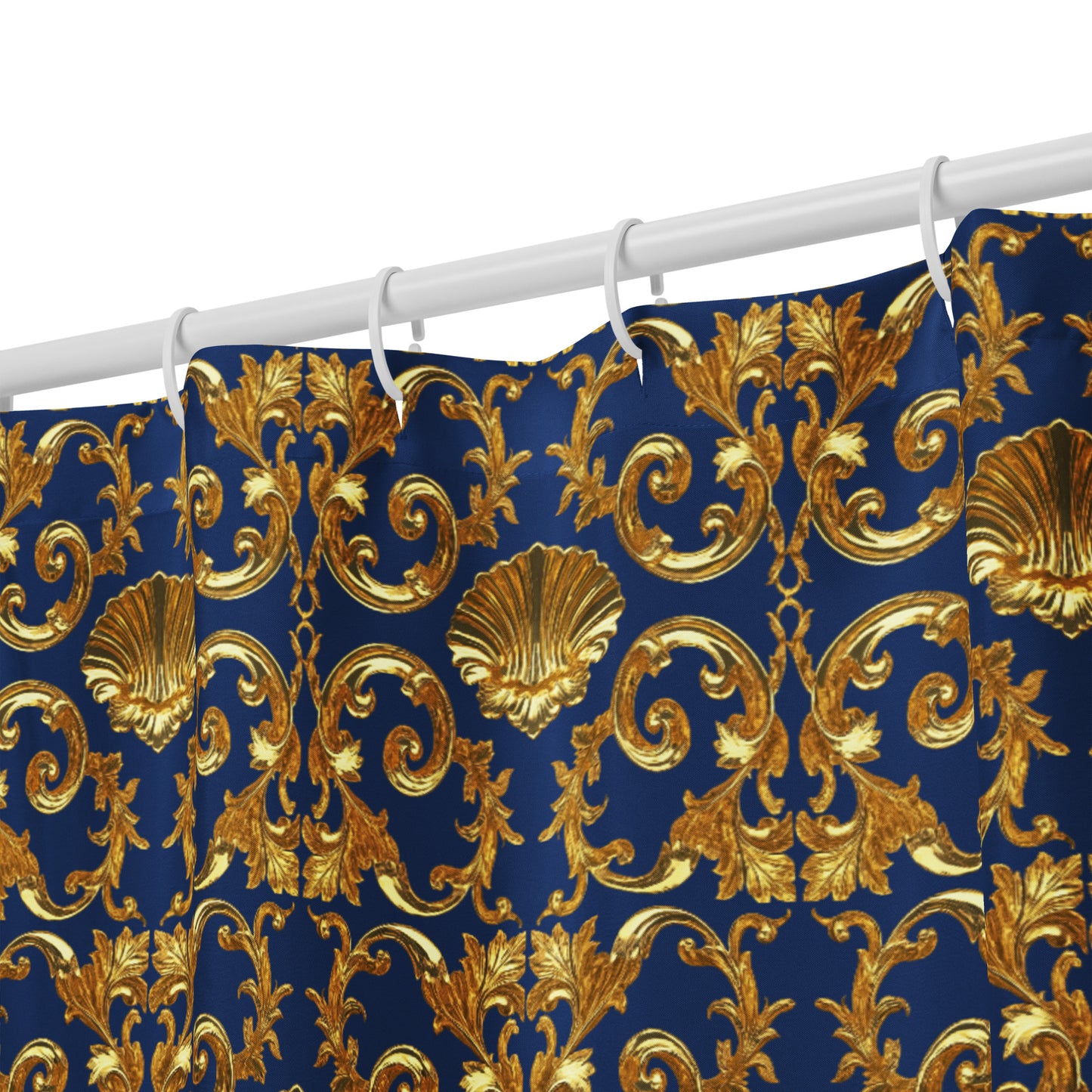 Baroque Gold Shell & Acanthus Leaf Motif on Royal Sapphire Blue Shower curtain | Bach Baroque Harmony Collection