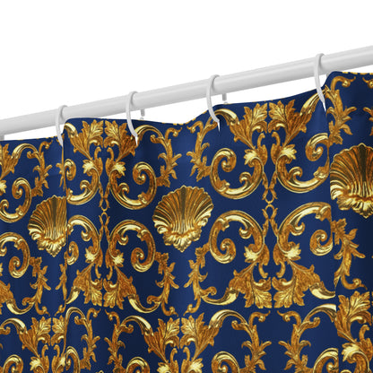 Baroque Gold Shell & Acanthus Leaf Motif on Royal Sapphire Blue Shower curtain | Bach Baroque Harmony Collection