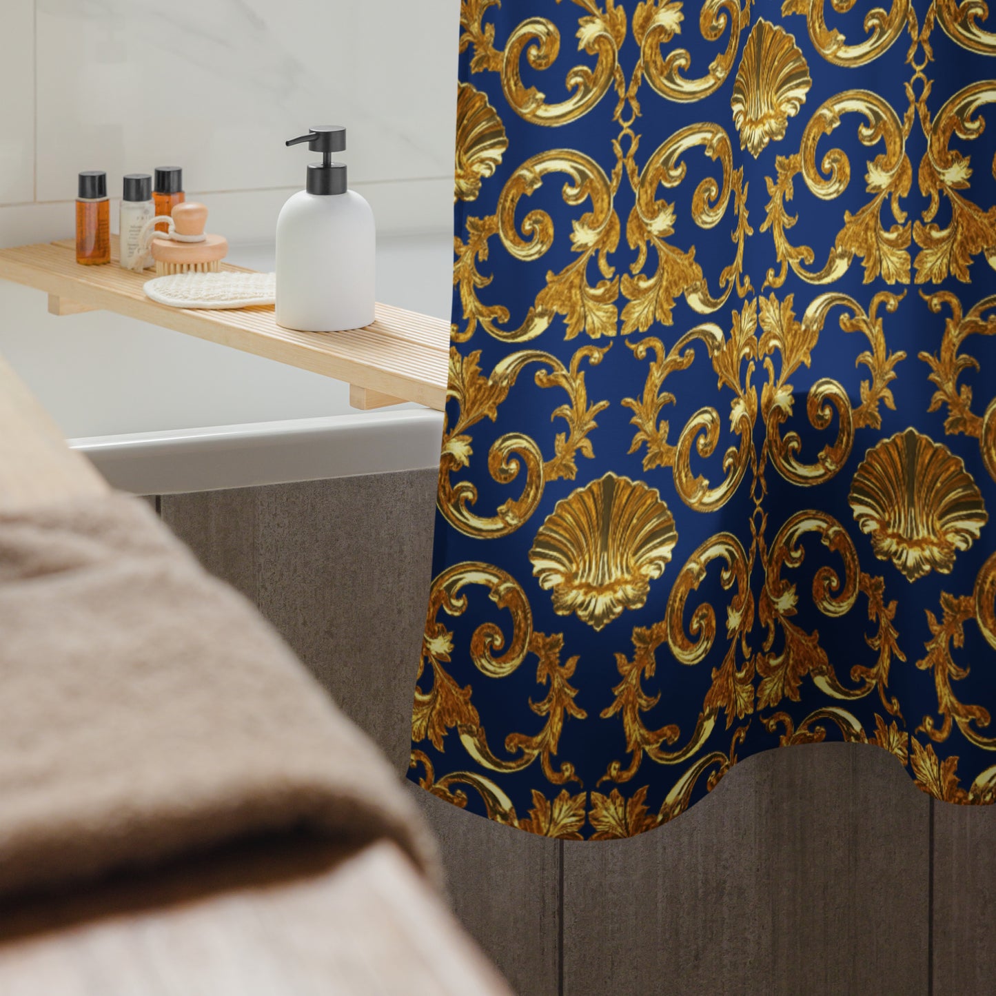 Baroque Gold Shell & Acanthus Leaf Motif on Royal Sapphire Blue Shower curtain | Bach Baroque Harmony Collection