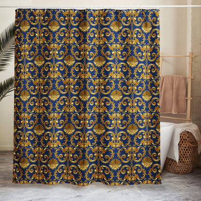 Baroque Gold Shell & Acanthus Leaf Motif on Royal Sapphire Blue Shower curtain | Bach Baroque Harmony Collection