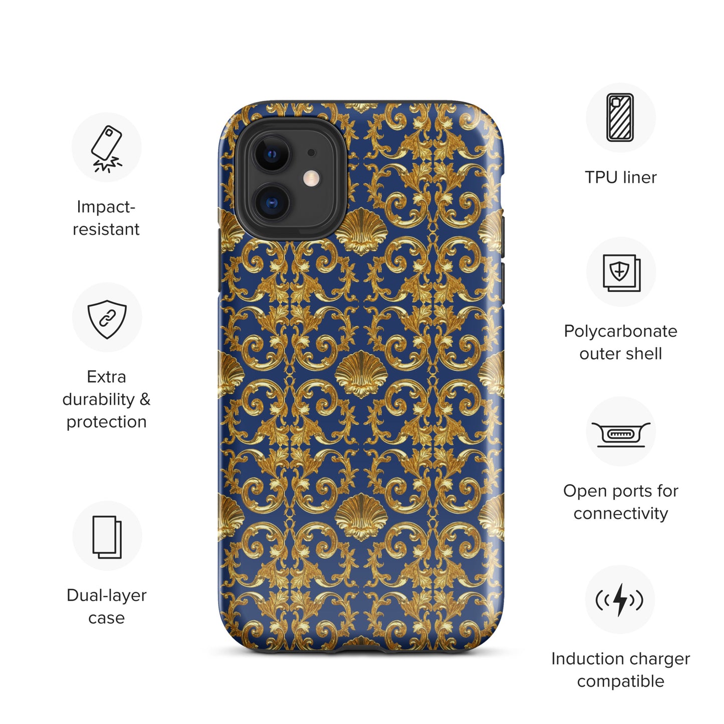 Gold Motif & Royal Sapphire Blue Tough Case for iPhone® | Bach Baroque Harmony Collection