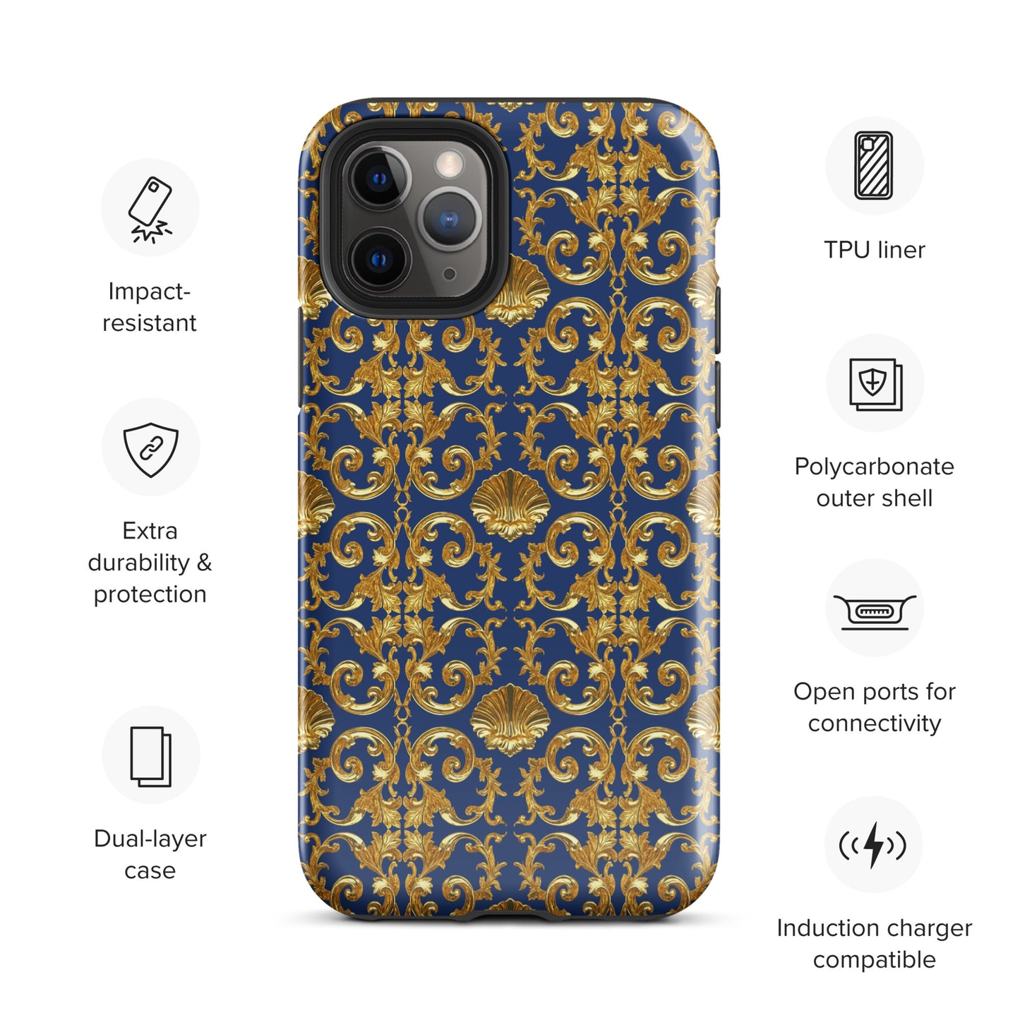 Gold Motif & Royal Sapphire Blue Tough Case for iPhone® | Bach Baroque Harmony Collection