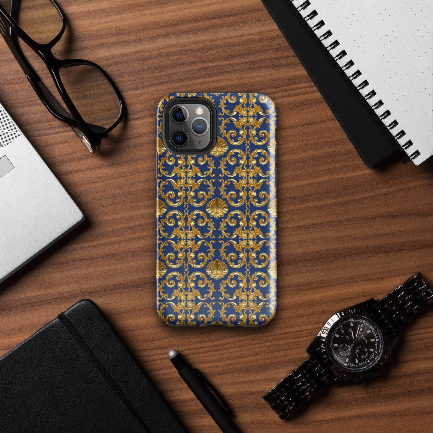 Gold Motif & Royal Sapphire Blue Tough Case for iPhone® | Bach Baroque Harmony Collection