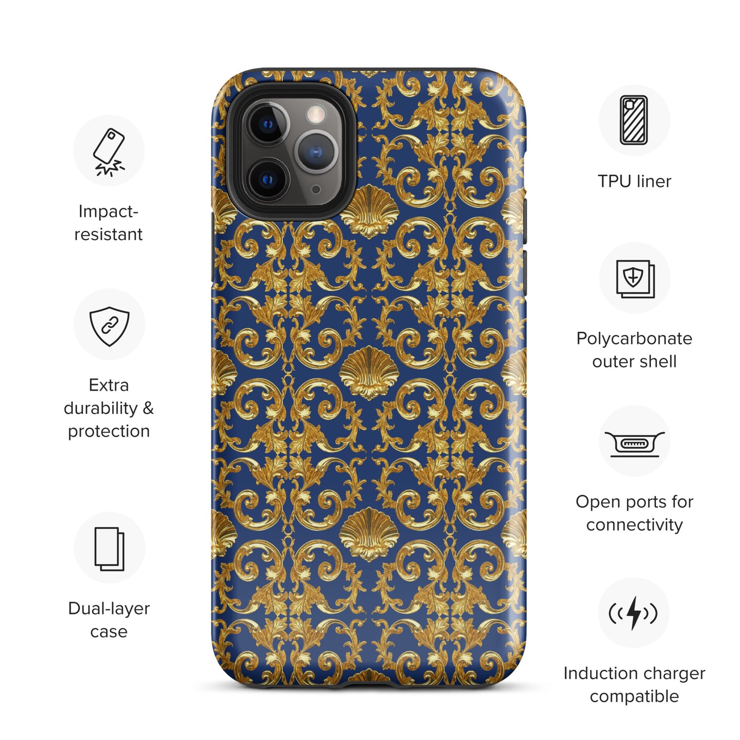 Gold Motif & Royal Sapphire Blue Tough Case for iPhone® | Bach Baroque Harmony Collection