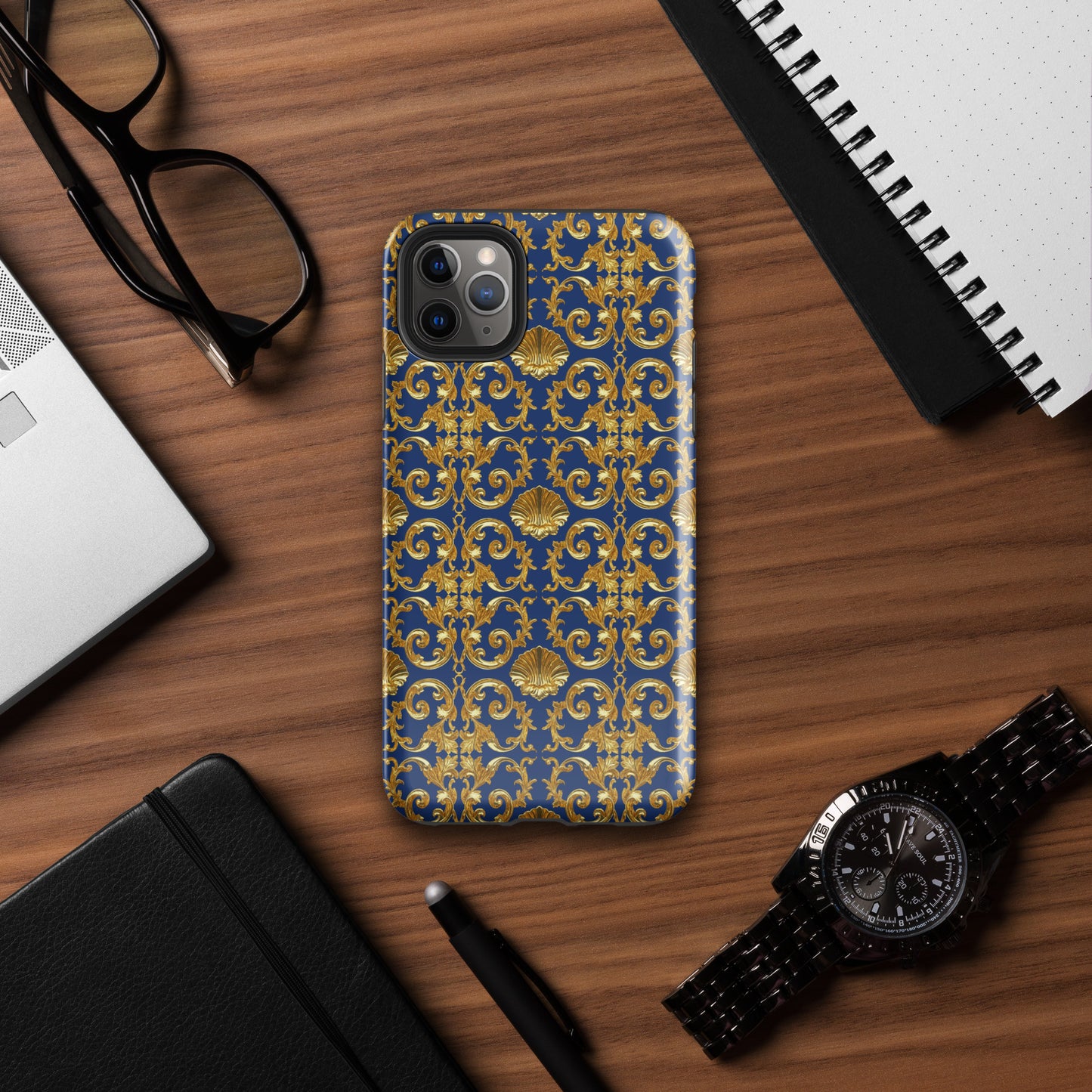 Gold Motif & Royal Sapphire Blue Tough Case for iPhone® | Bach Baroque Harmony Collection