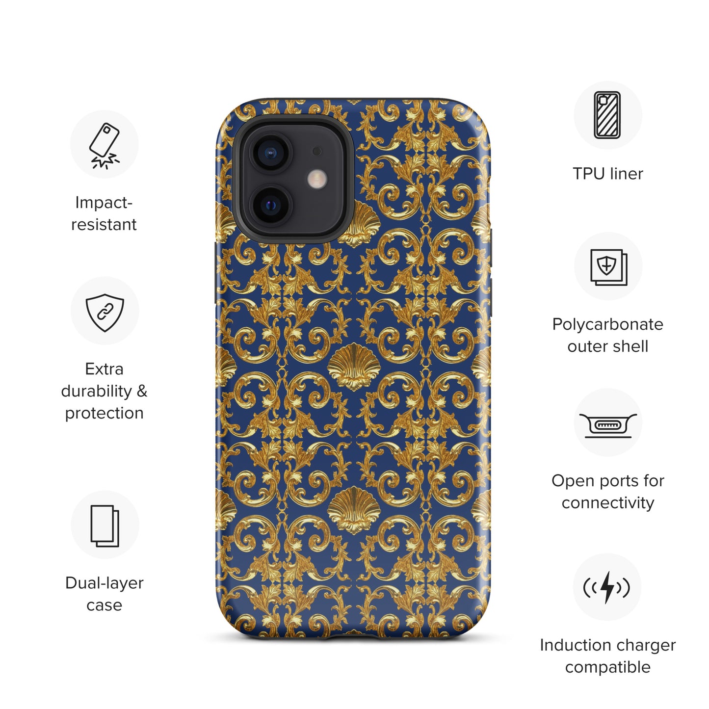 Gold Motif & Royal Sapphire Blue Tough Case for iPhone® | Bach Baroque Harmony Collection