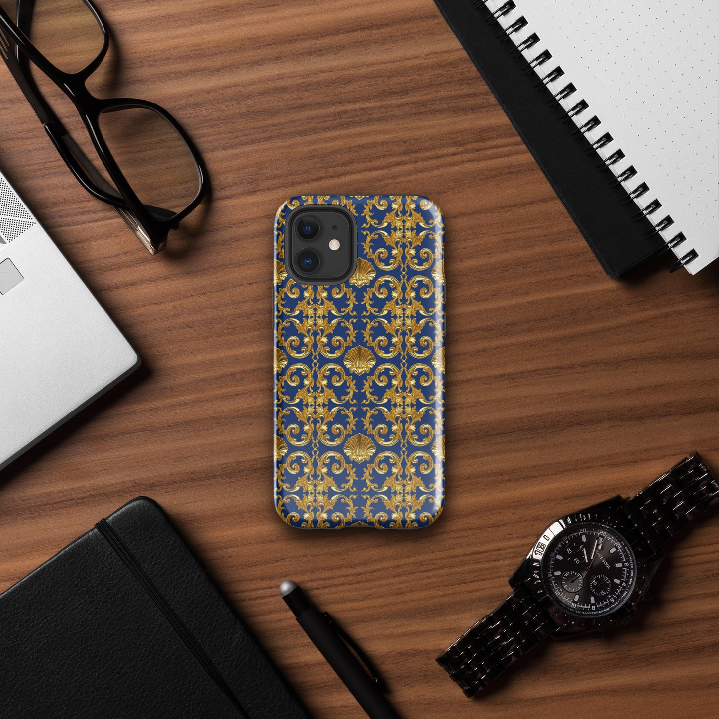 Gold Motif & Royal Sapphire Blue Tough Case for iPhone® | Bach Baroque Harmony Collection