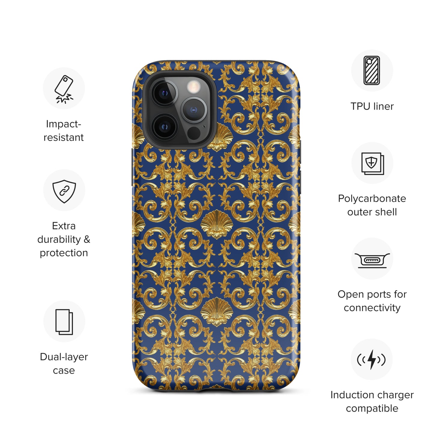Gold Motif & Royal Sapphire Blue Tough Case for iPhone® | Bach Baroque Harmony Collection
