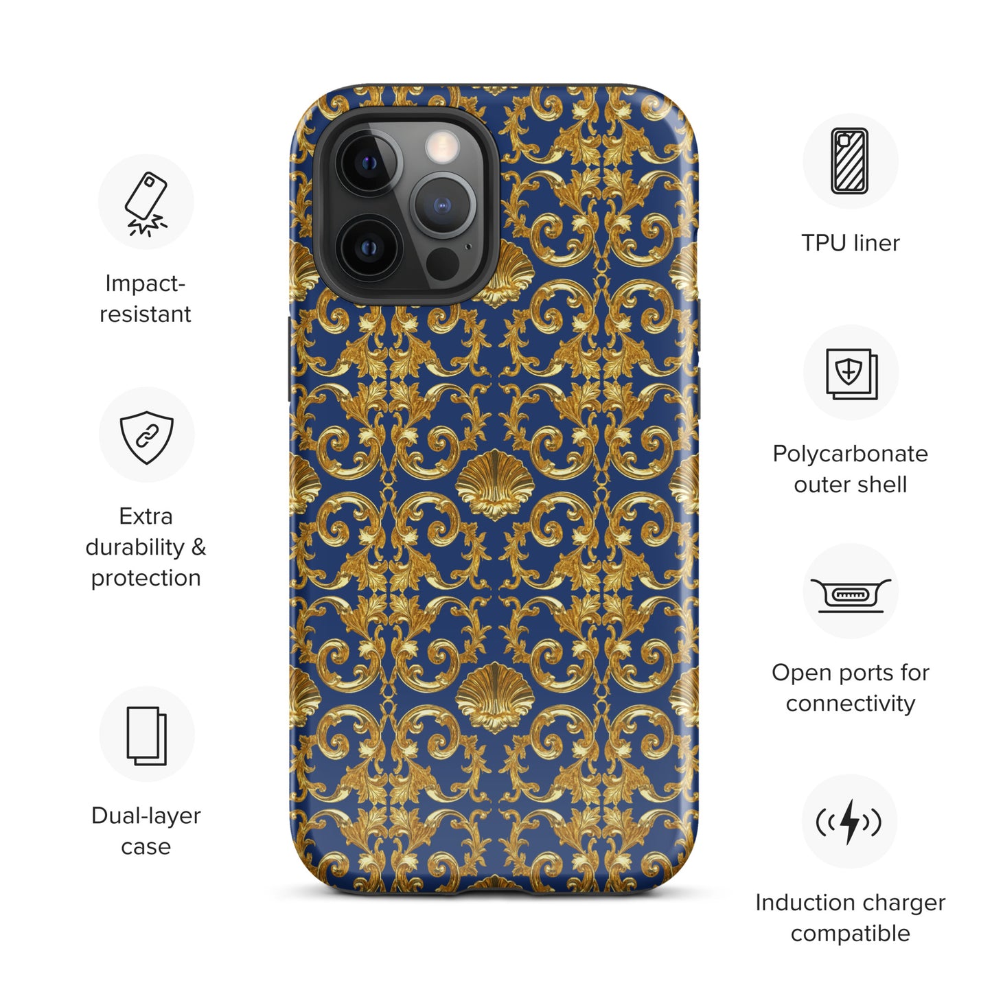Gold Motif & Royal Sapphire Blue Tough Case for iPhone® | Bach Baroque Harmony Collection
