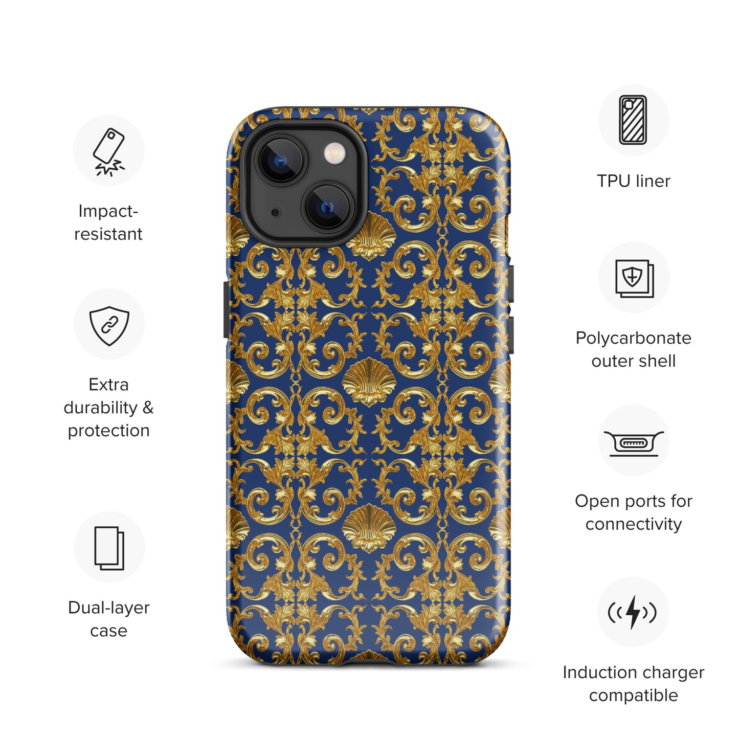 Gold Motif & Royal Sapphire Blue Tough Case for iPhone® | Bach Baroque Harmony Collection