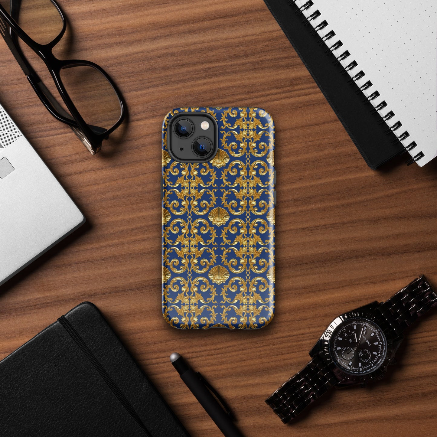 Gold Motif & Royal Sapphire Blue Tough Case for iPhone® | Bach Baroque Harmony Collection