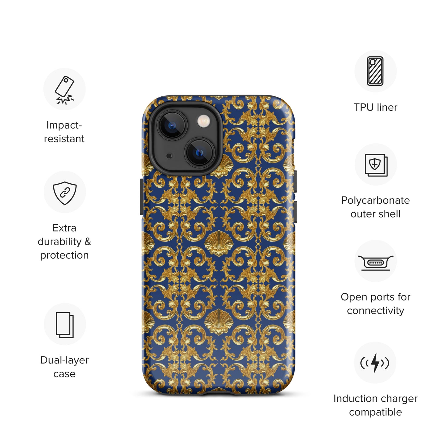 Gold Motif & Royal Sapphire Blue Tough Case for iPhone® | Bach Baroque Harmony Collection