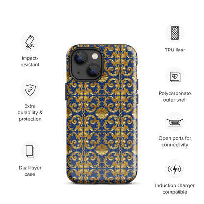 Gold Motif & Royal Sapphire Blue Tough Case for iPhone® | Bach Baroque Harmony Collection