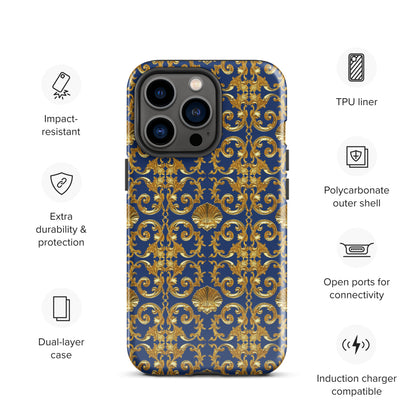 Gold Motif & Royal Sapphire Blue Tough Case for iPhone® | Bach Baroque Harmony Collection