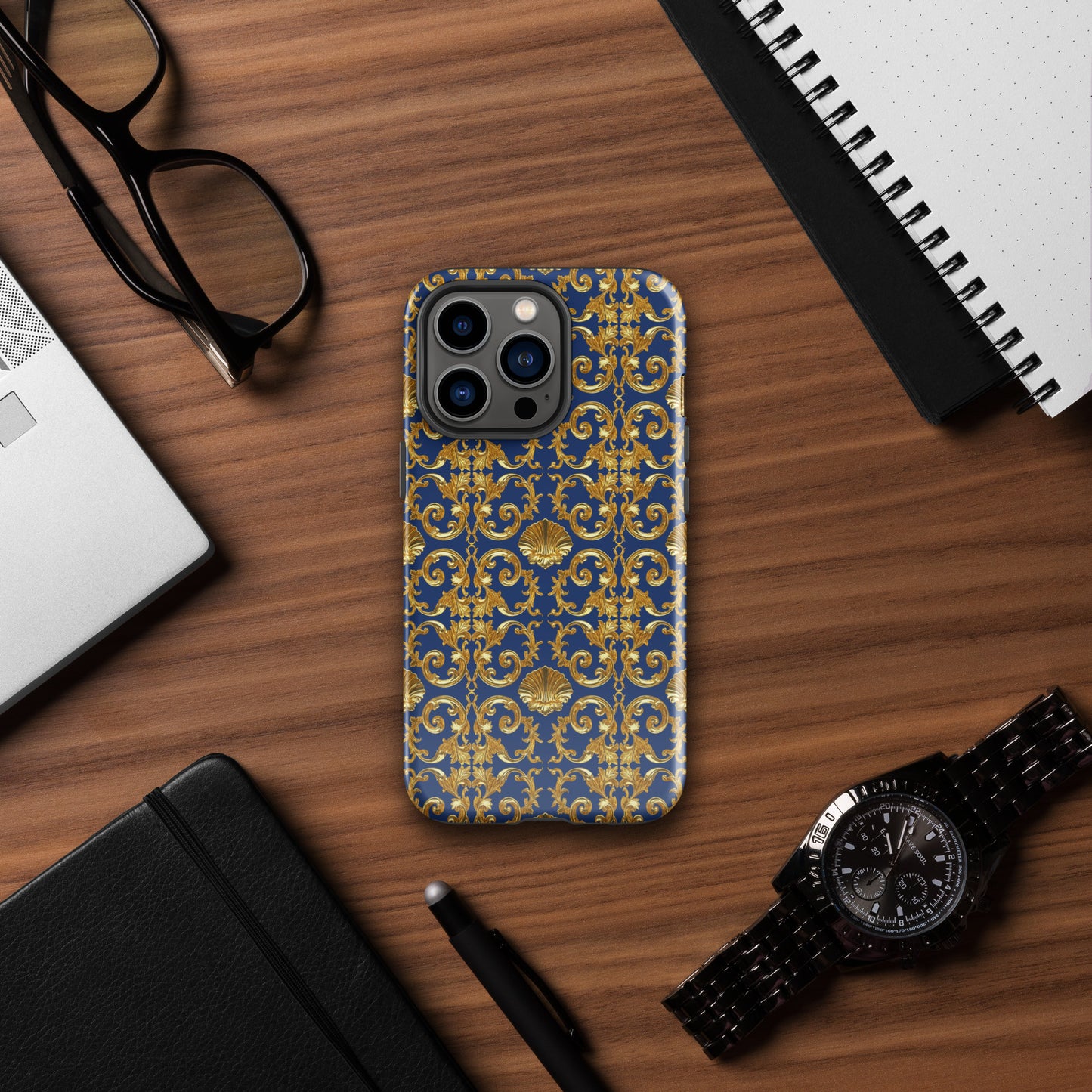 Gold Motif & Royal Sapphire Blue Tough Case for iPhone® | Bach Baroque Harmony Collection