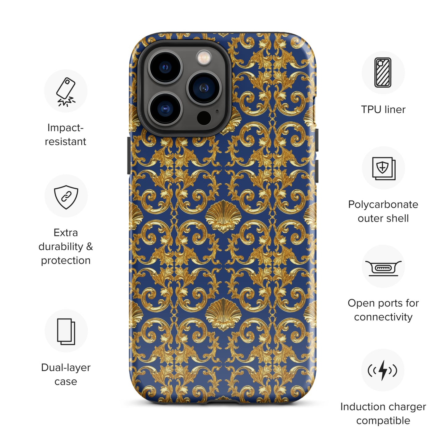 Gold Motif & Royal Sapphire Blue Tough Case for iPhone® | Bach Baroque Harmony Collection