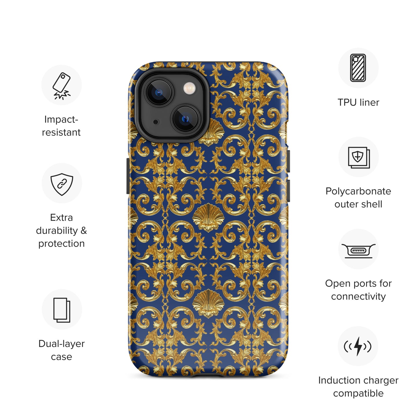 Gold Motif & Royal Sapphire Blue Tough Case for iPhone® | Bach Baroque Harmony Collection