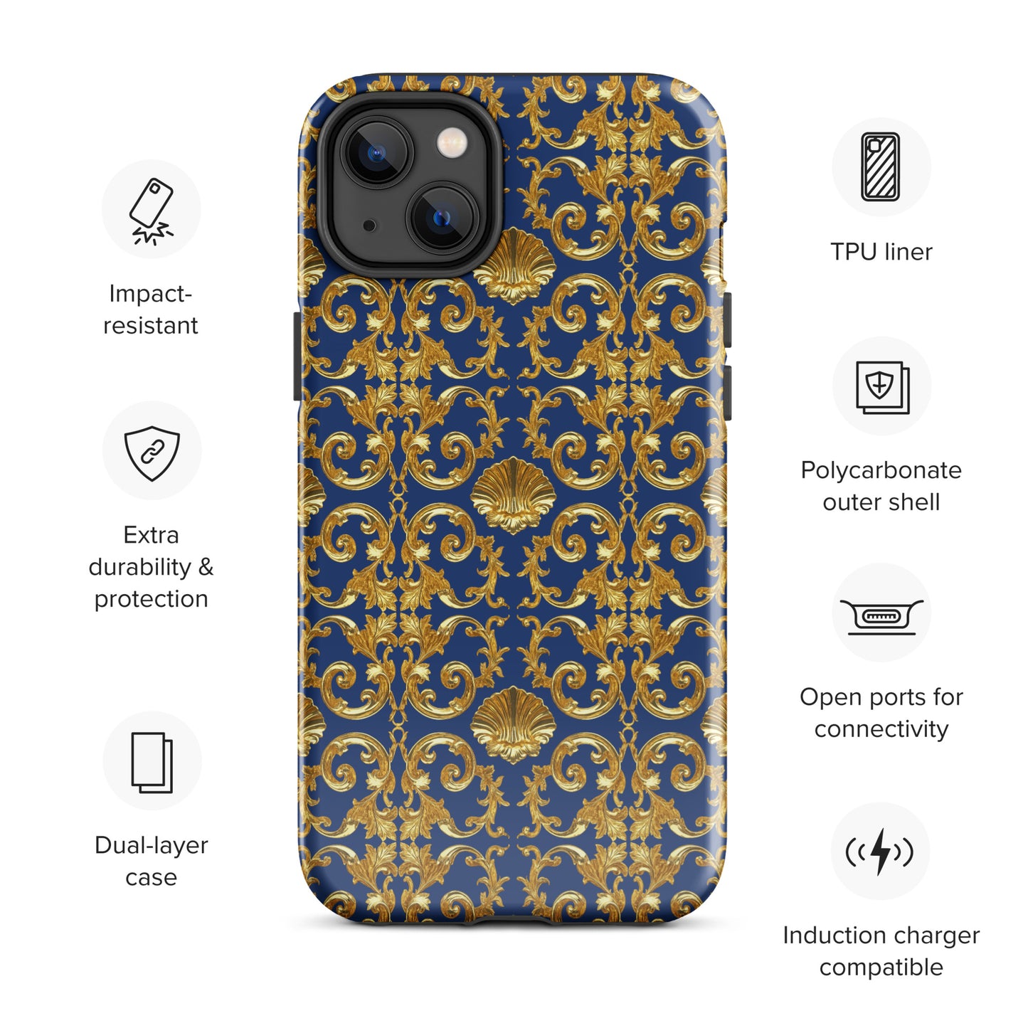 Gold Motif & Royal Sapphire Blue Tough Case for iPhone® | Bach Baroque Harmony Collection