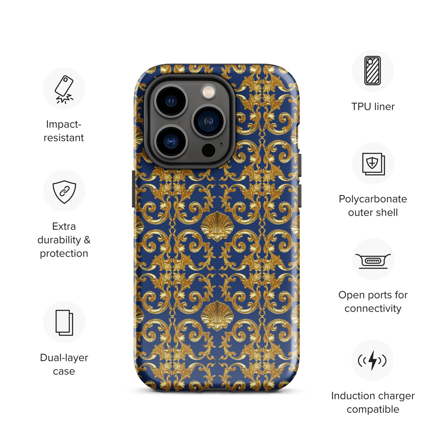 Gold Motif & Royal Sapphire Blue Tough Case for iPhone® | Bach Baroque Harmony Collection