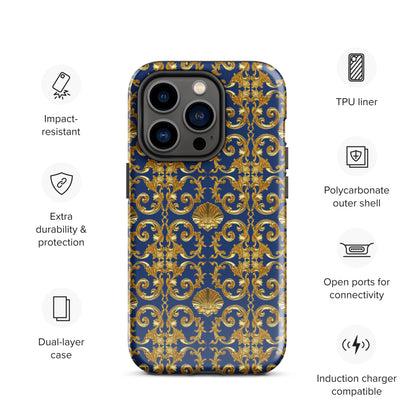 Gold Motif & Royal Sapphire Blue Tough Case for iPhone® | Bach Baroque Harmony Collection