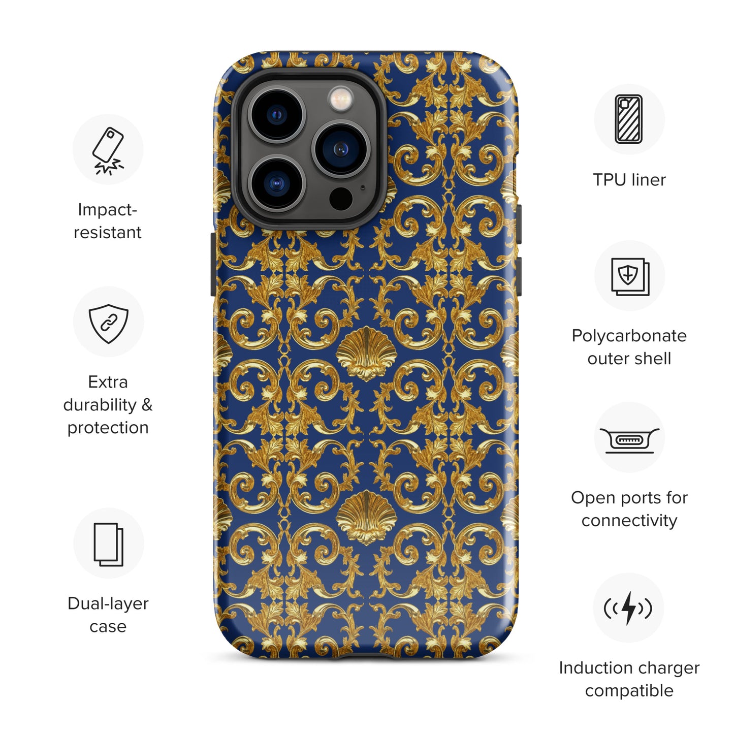 Gold Motif & Royal Sapphire Blue Tough Case for iPhone® | Bach Baroque Harmony Collection