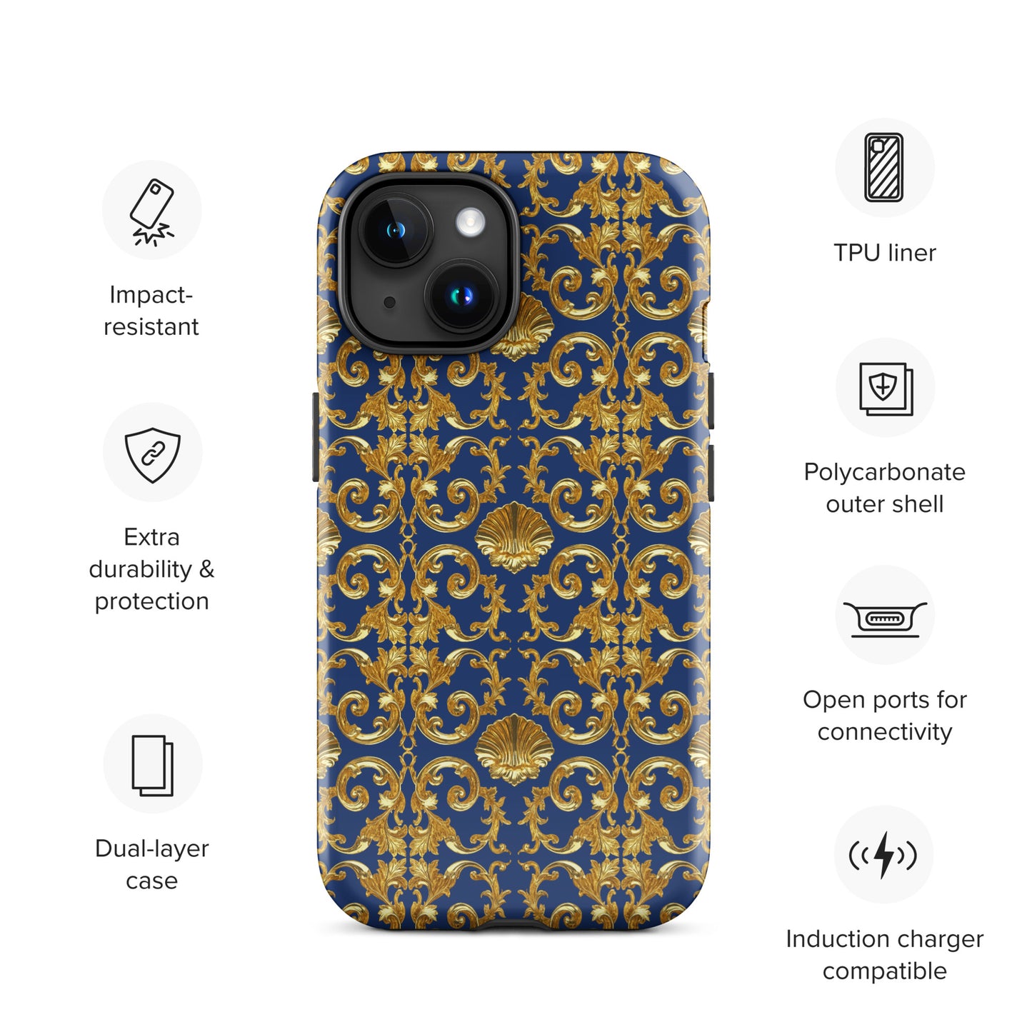Gold Motif & Royal Sapphire Blue Tough Case for iPhone® | Bach Baroque Harmony Collection