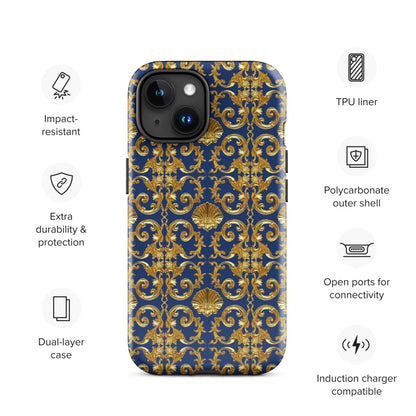 Gold Motif & Royal Sapphire Blue Tough Case for iPhone® | Bach Baroque Harmony Collection