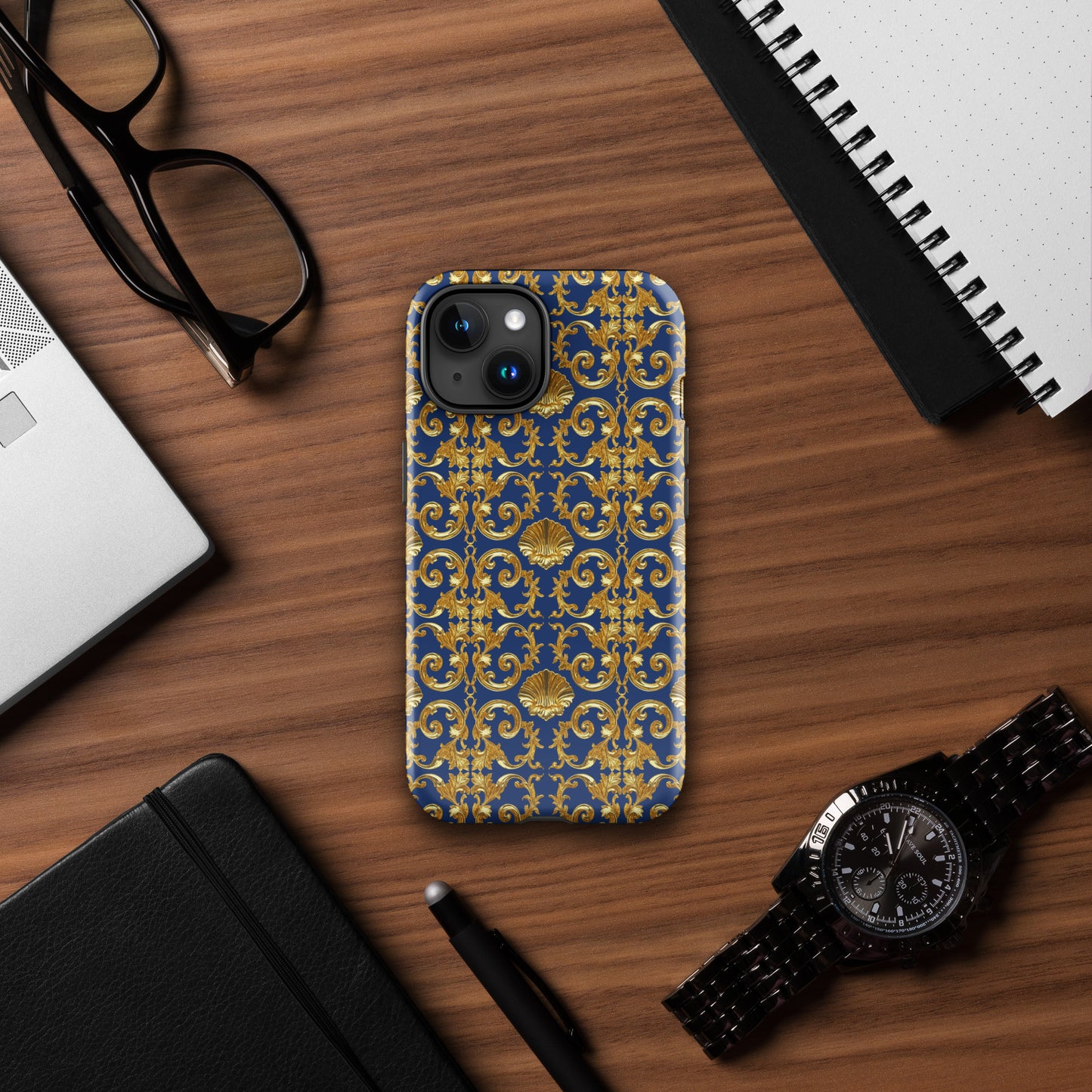 Gold Motif & Royal Sapphire Blue Tough Case for iPhone® | Bach Baroque Harmony Collection
