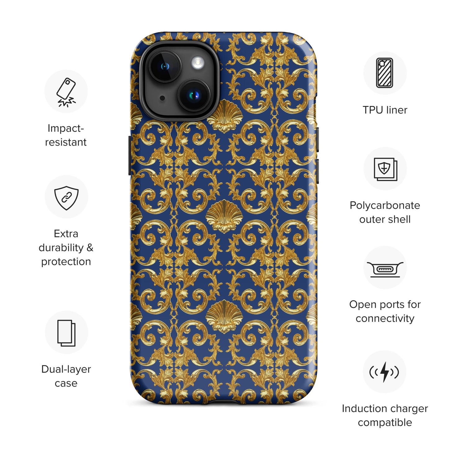 Gold Motif & Royal Sapphire Blue Tough Case for iPhone® | Bach Baroque Harmony Collection