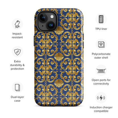 Gold Motif & Royal Sapphire Blue Tough Case for iPhone® | Bach Baroque Harmony Collection