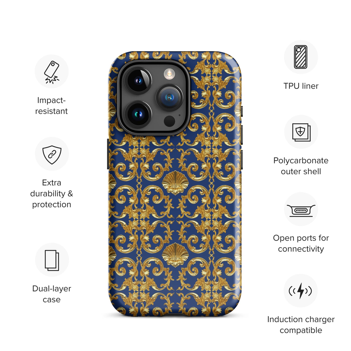 Gold Motif & Royal Sapphire Blue Tough Case for iPhone® | Bach Baroque Harmony Collection