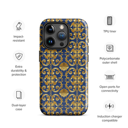 Gold Motif & Royal Sapphire Blue Tough Case for iPhone® | Bach Baroque Harmony Collection