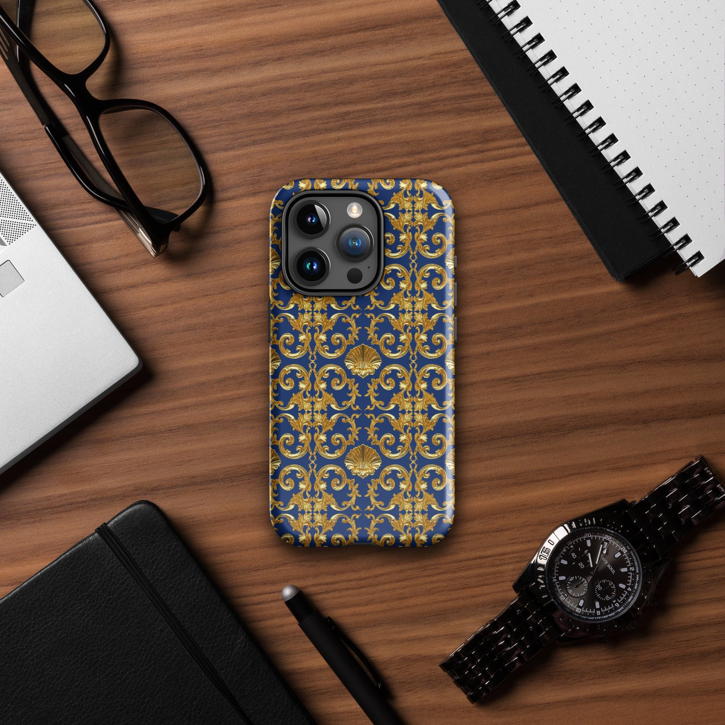 Gold Motif & Royal Sapphire Blue Tough Case for iPhone® | Bach Baroque Harmony Collection
