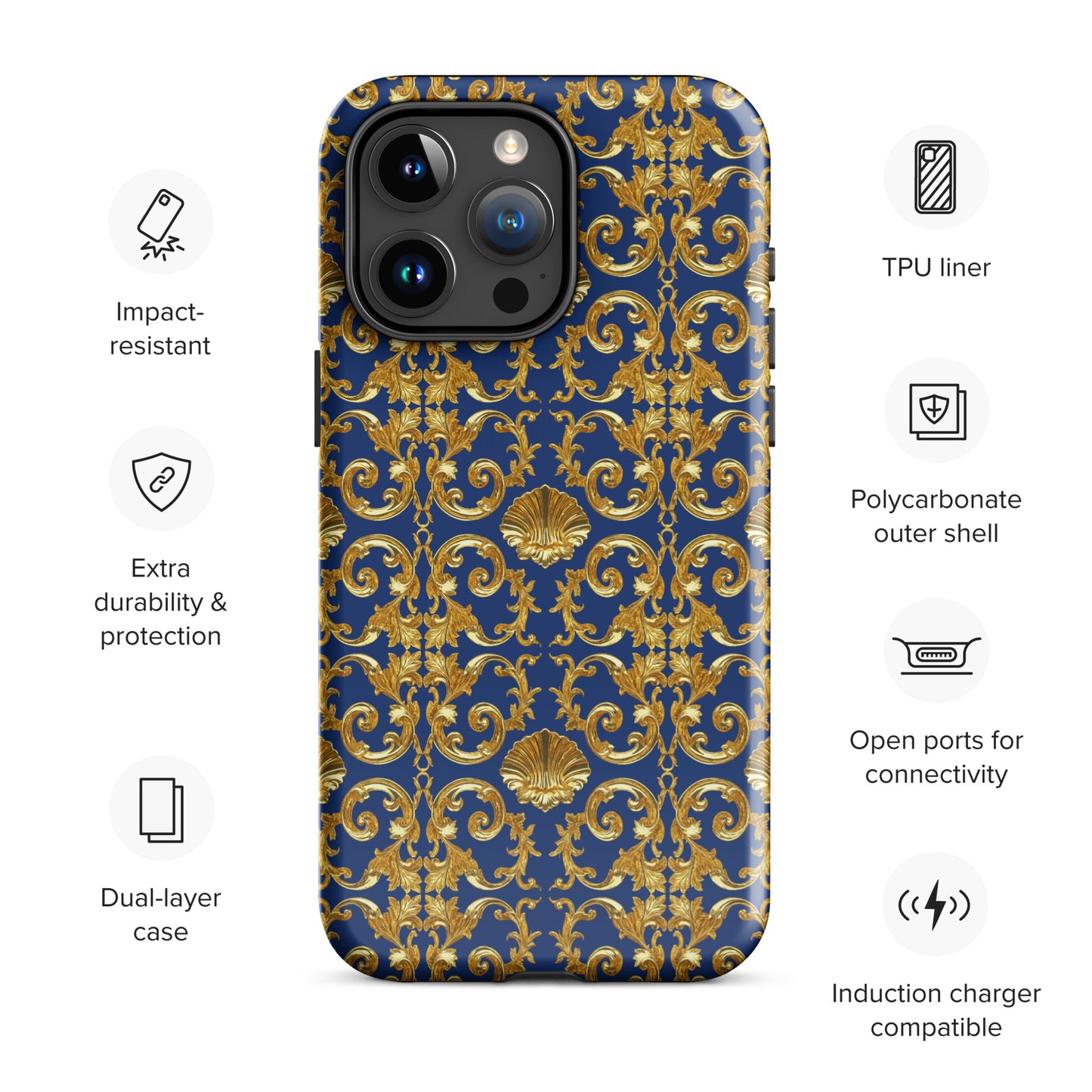 Gold Motif & Royal Sapphire Blue Tough Case for iPhone® | Bach Baroque Harmony Collection