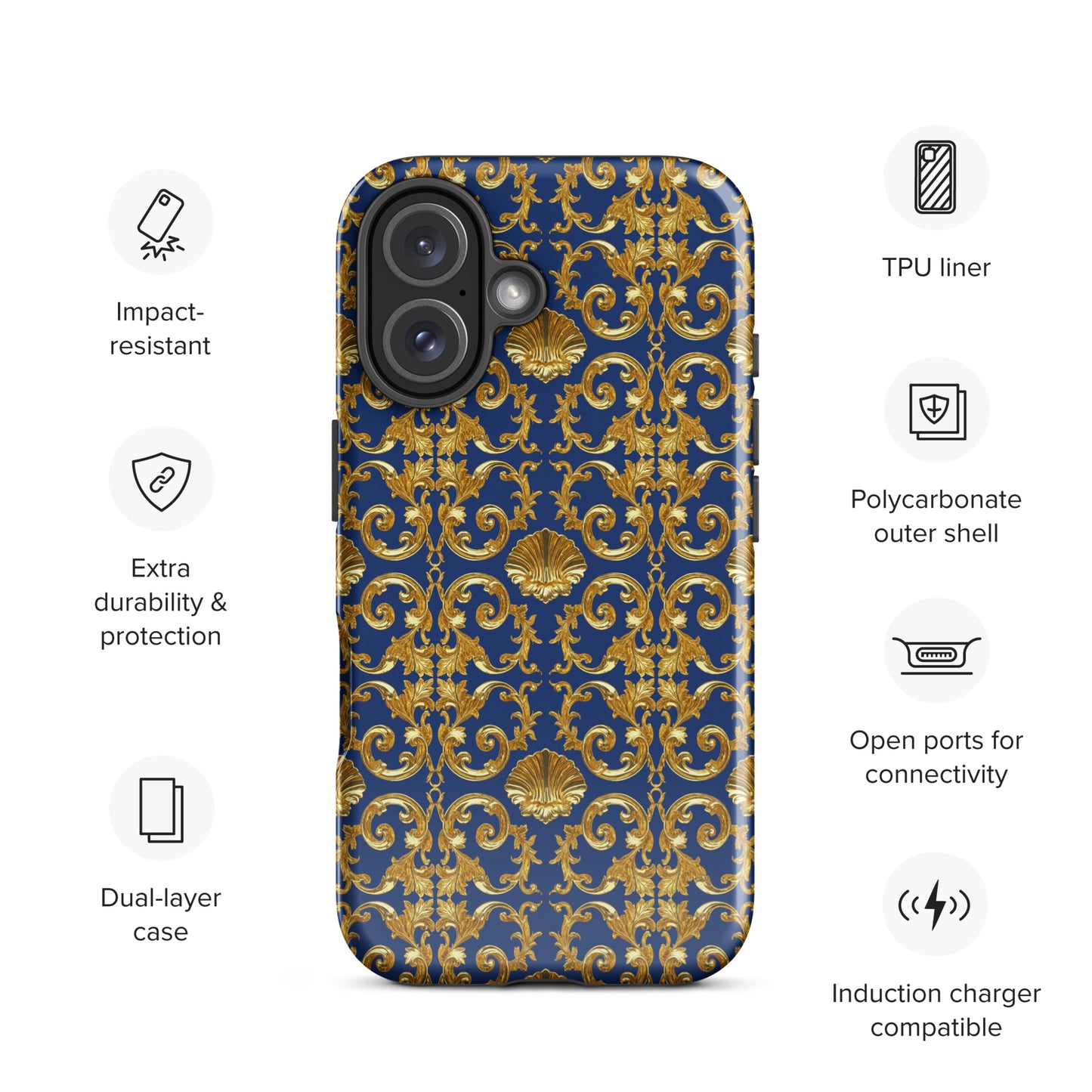 Gold Motif & Royal Sapphire Blue Tough Case for iPhone® | Bach Baroque Harmony Collection