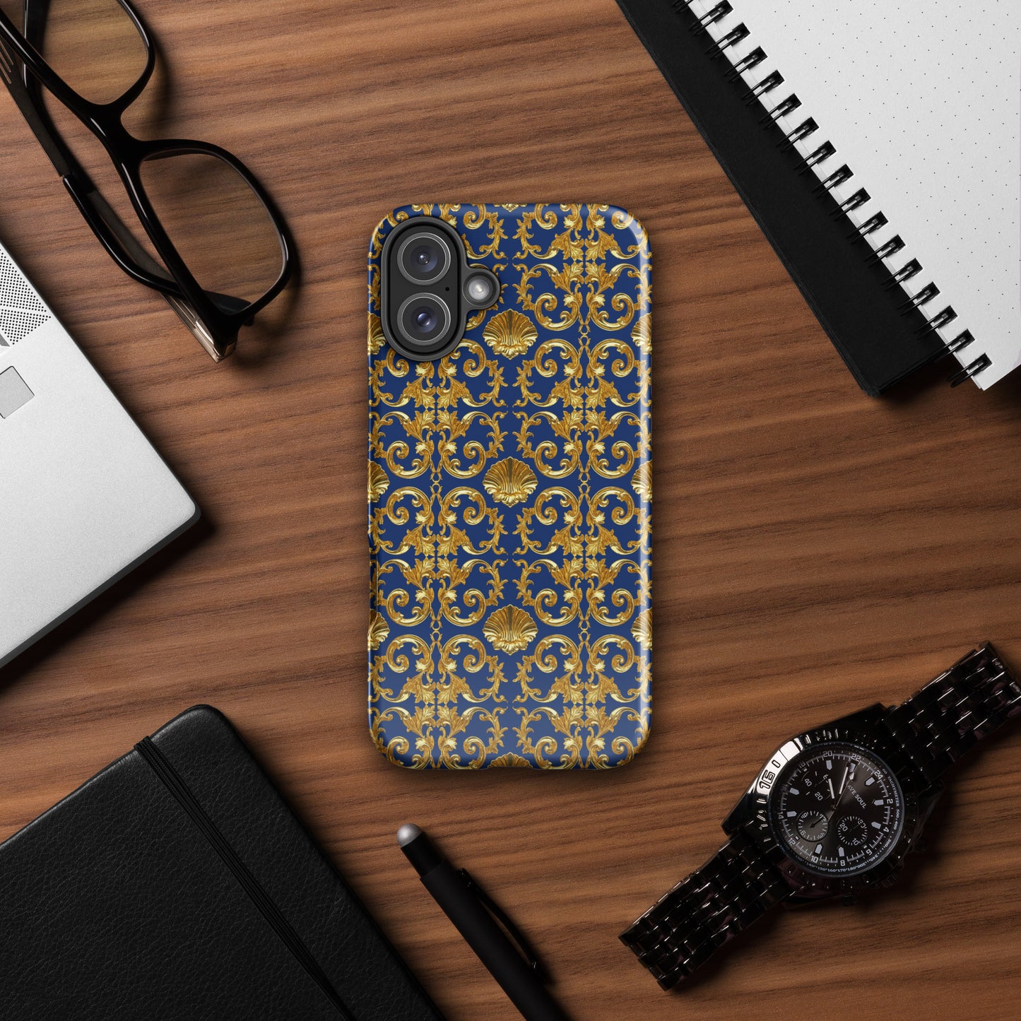 Gold Motif & Royal Sapphire Blue Tough Case for iPhone® | Bach Baroque Harmony Collection