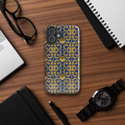 Gold Motif & Royal Sapphire Blue Tough Case for iPhone® | Bach Baroque Harmony Collection