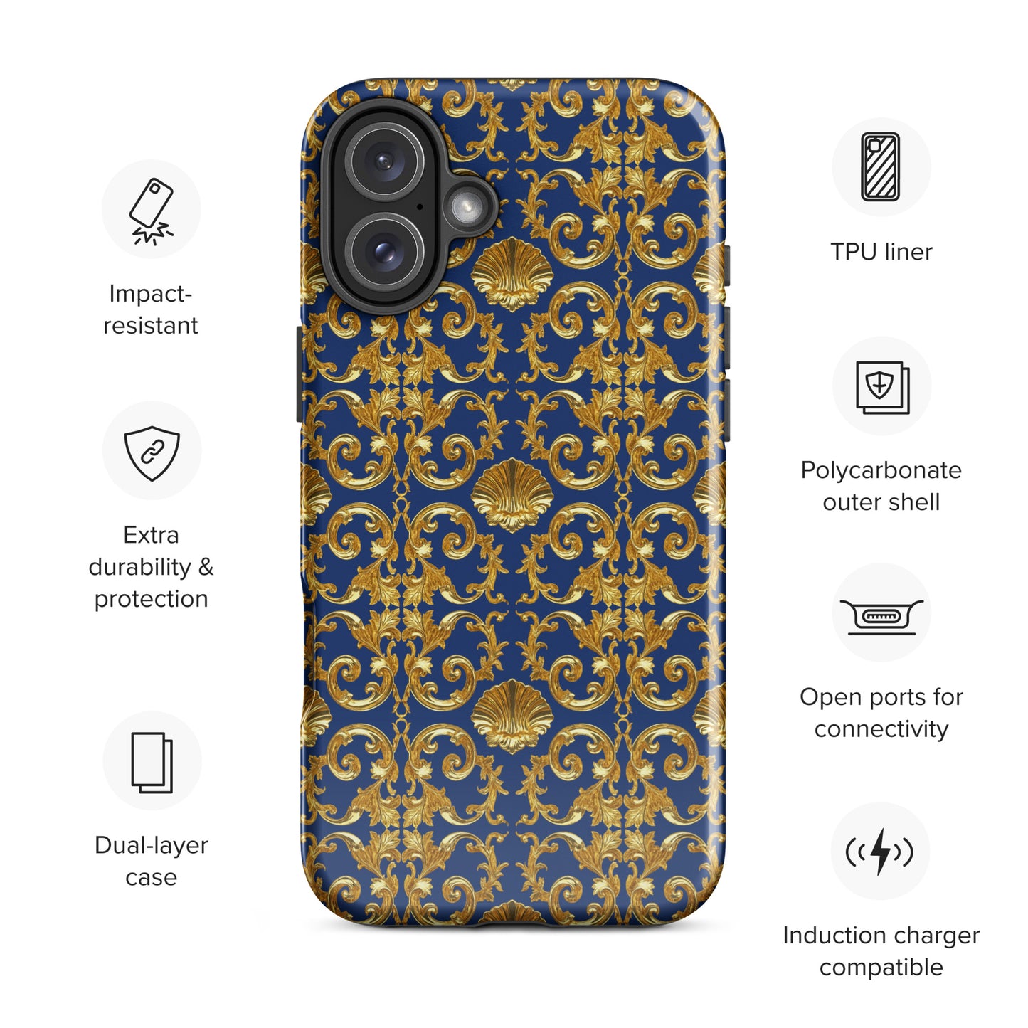 Gold Motif & Royal Sapphire Blue Tough Case for iPhone® | Bach Baroque Harmony Collection